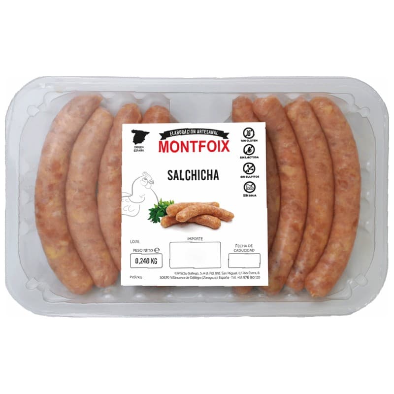 Bandeja con salchichas frescas de pollo de origen español MONTFOIX 240 g.