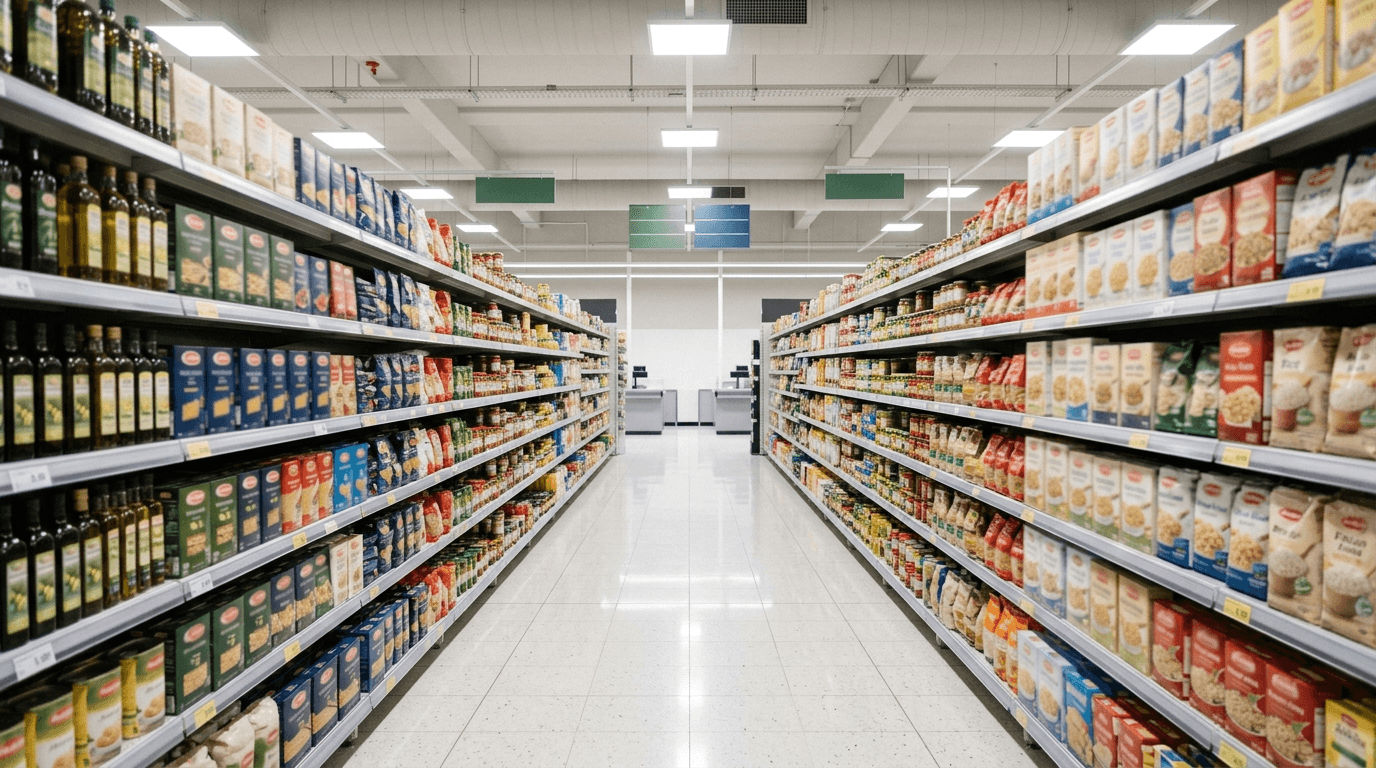 Pasillo moderno de supermercado español con estanterías llenas de productos de carne y congelados, iluminación clara y uniforme