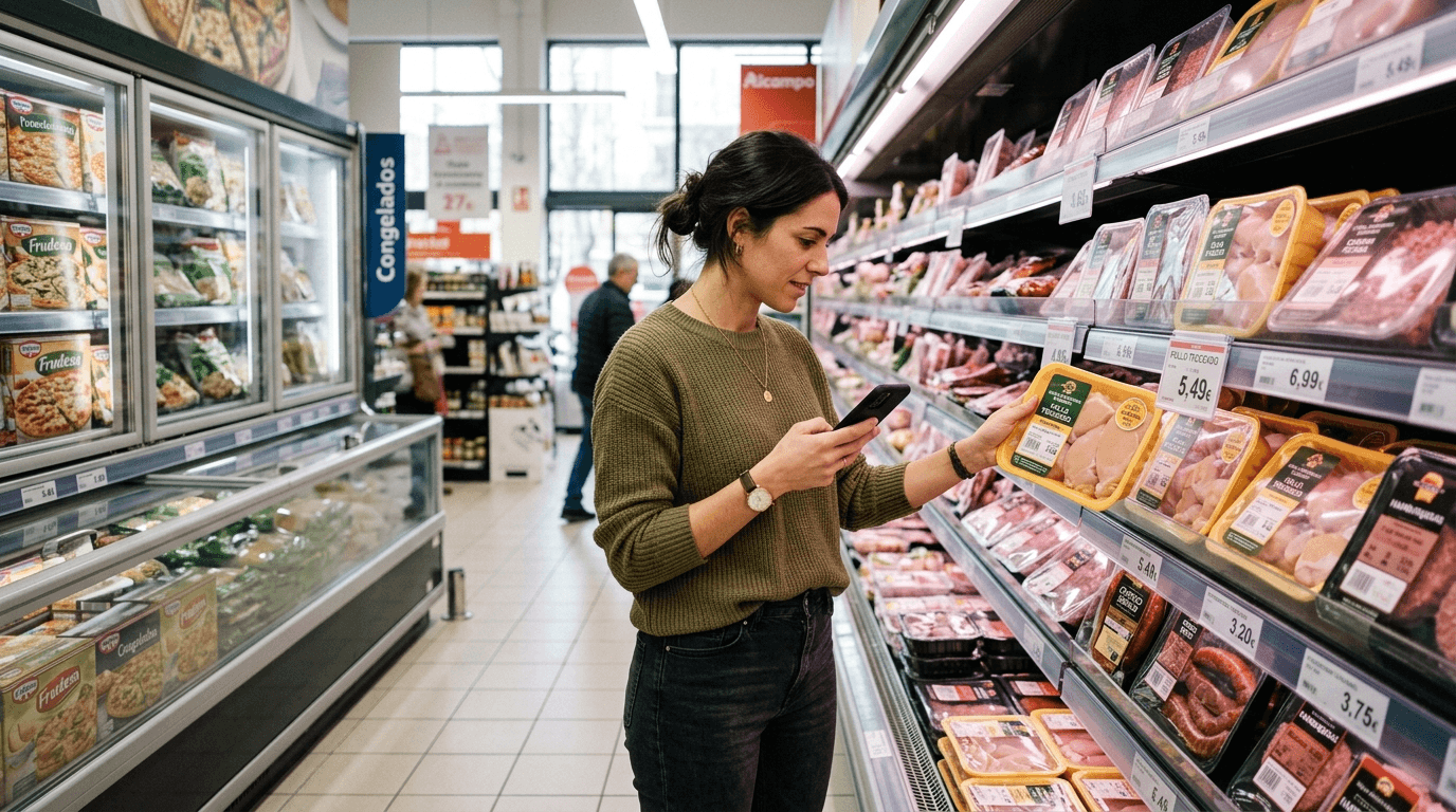 Estanterías de supermercado con productos de carne y congelados, luz natural de ventanas, cliente comparando precios.