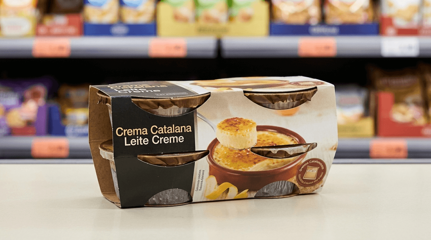 Envase de crema catalana Hacendado de 400 gramos en estantería de supermercado