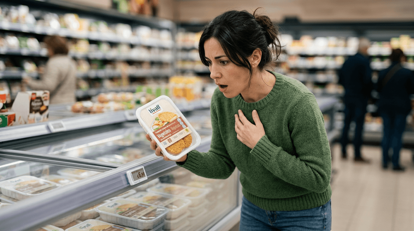 Cliente español sosteniendo empanados Tivall en el lineal del supermercado, mirando sorprendido el precio.