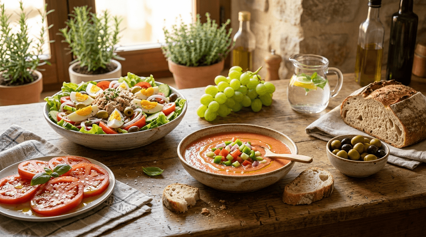 Bodegón de ensaladas frescas, cuencos con gazpacho rojo, tomates y verduras sobre madera