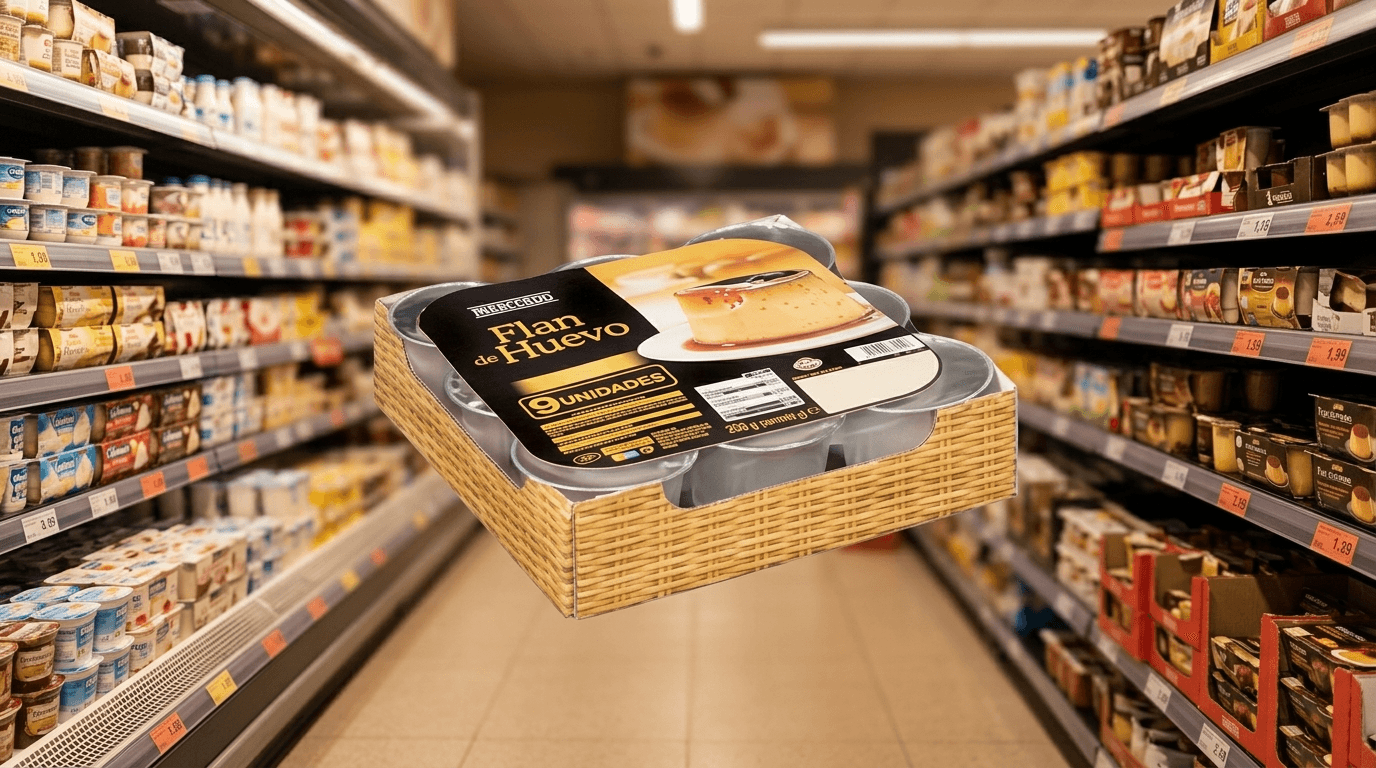 Envase de flan de huevo Hacendado de 900 gramos en estantería de supermercado