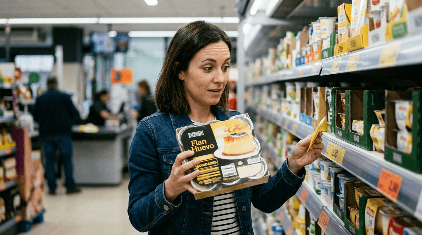 Cliente sosteniendo envase de flan Hacendado en pasillo de supermercado observando etiqueta de precio
