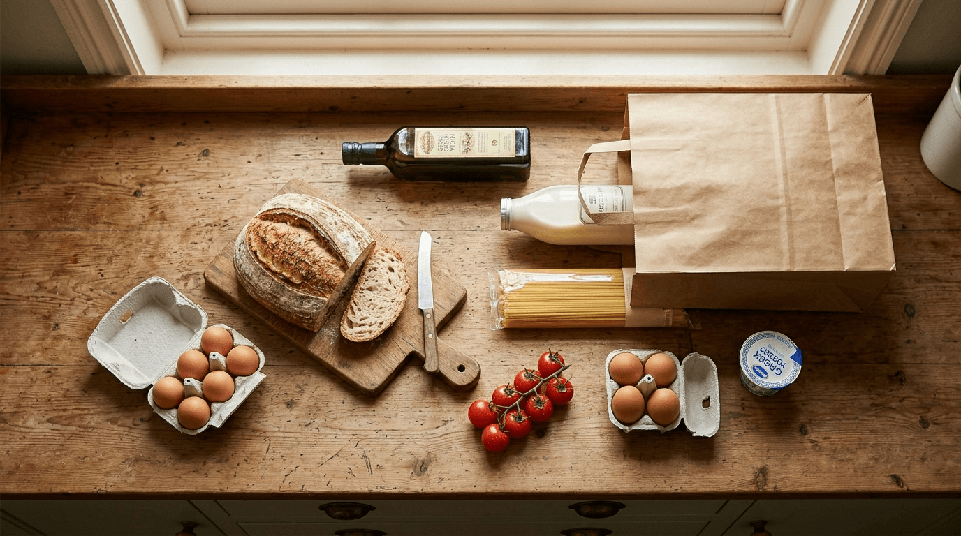 Bolsa de papel marrón con alimentos variados sobre encimera de madera con iluminación natural