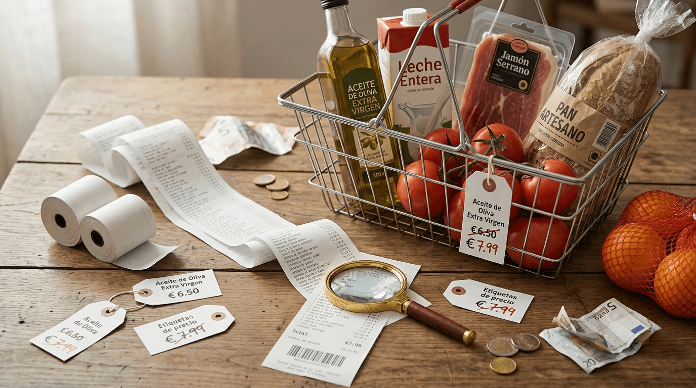 Selección de recibos de supermercado, etiquetas de precio y productos de consumo sobre fondo neutro