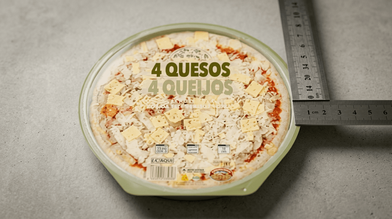 Pizza 4 quesos Hacendado con envase de 410 g junto a regla de medición sobre fondo gris neutro