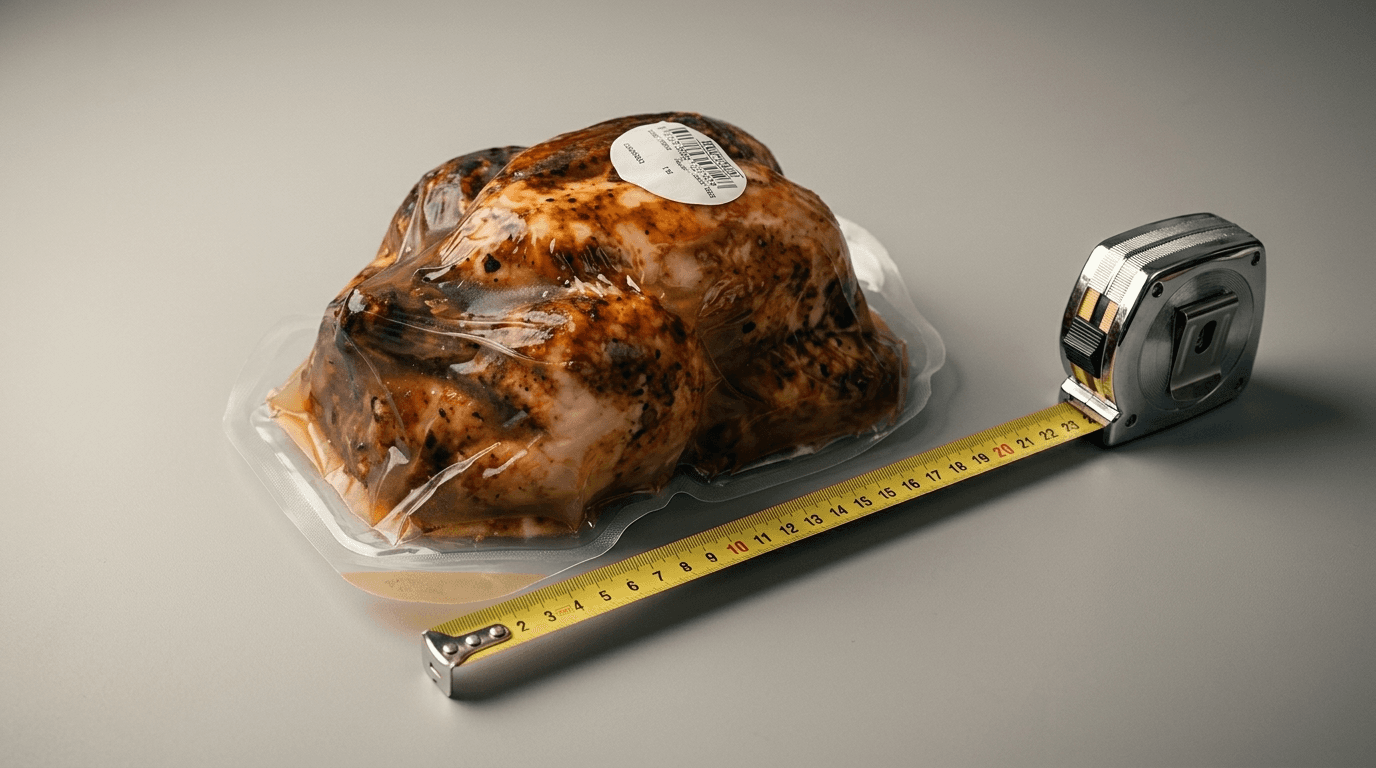 Pollo asado Hacendado junto a cinta métrica mostrando reducción de tamaño