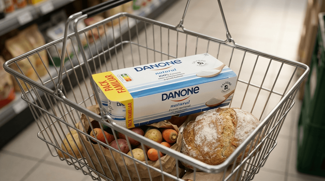 Pack de yogur natural Danone de 0,96 kg dentro de una cesta de compra metálica junto con verduras y pan.
