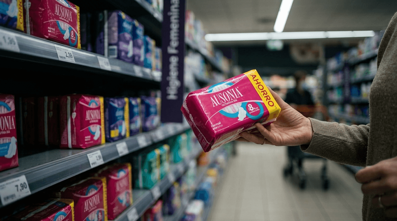 Compresa con alas normal Ausonia en estantería de supermercado con cliente eligiendo producto
