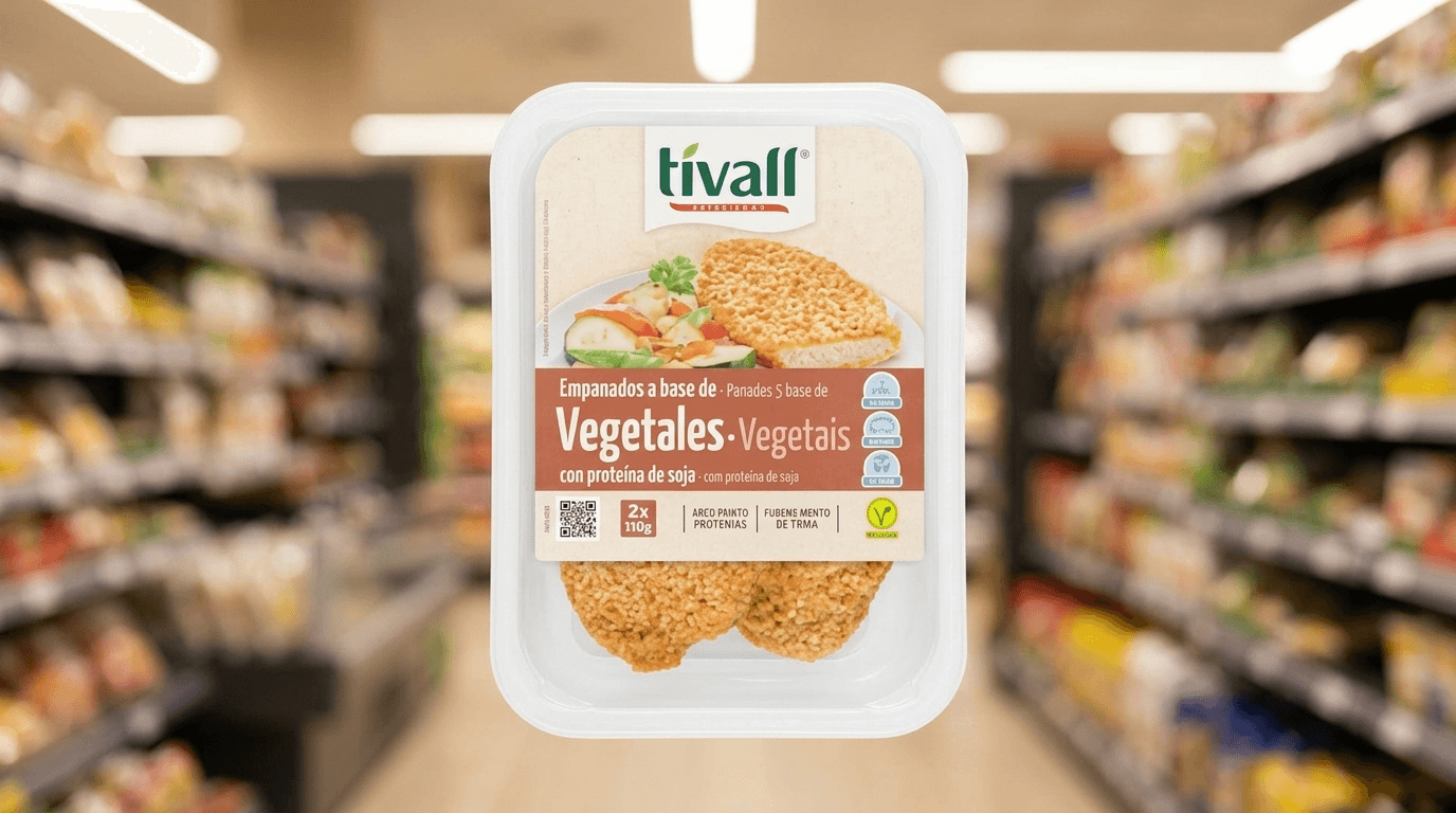 Envase de empanados vegetales con proteína de soja Tivall en lineal de supermercado
