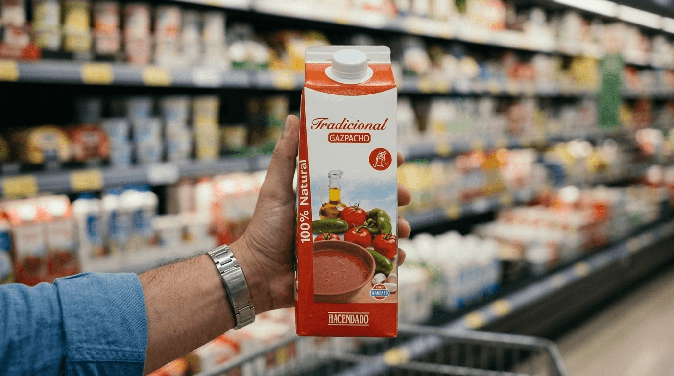 Estantería de supermercado con gazpacho Hacendado y cliente seleccionando el producto