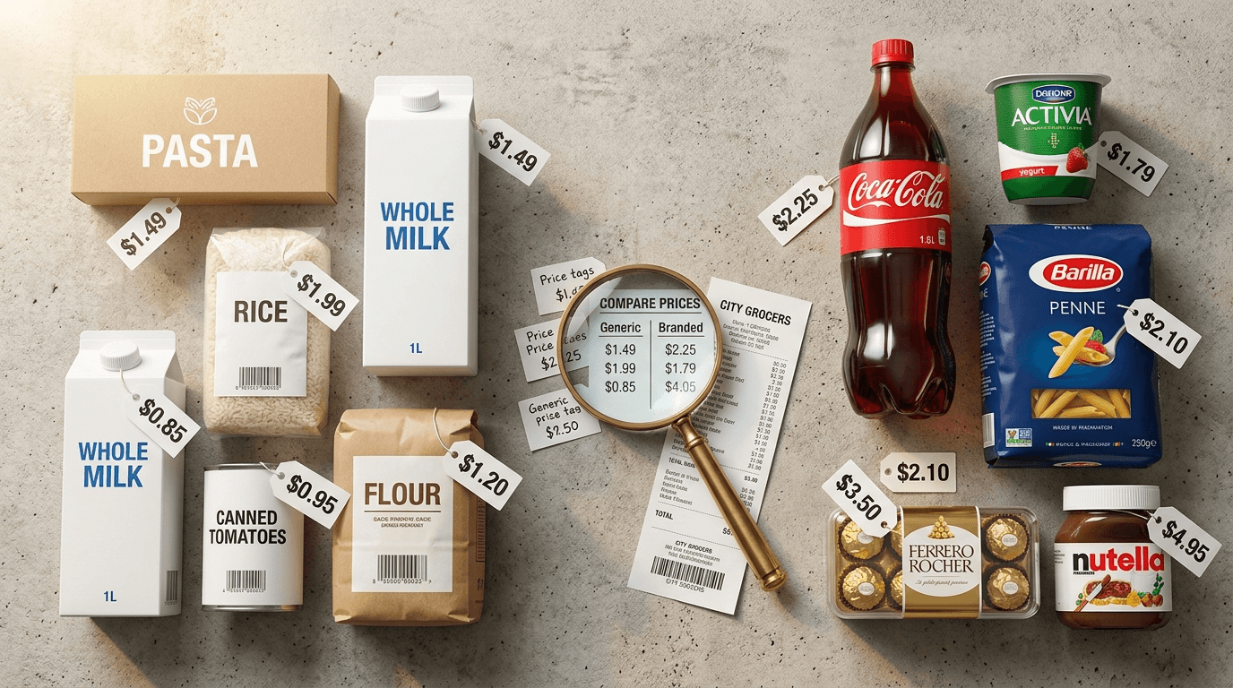 Etiquetas de precio, productos genéricos y marcas en estantería de supermercado comparativamente dispuestos