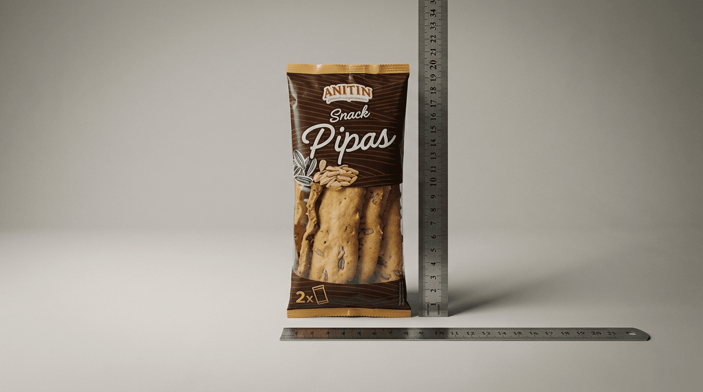 Palitos de pan con pipas Anitin junto a cinta métrica mostrando reducción de tamaño del envase