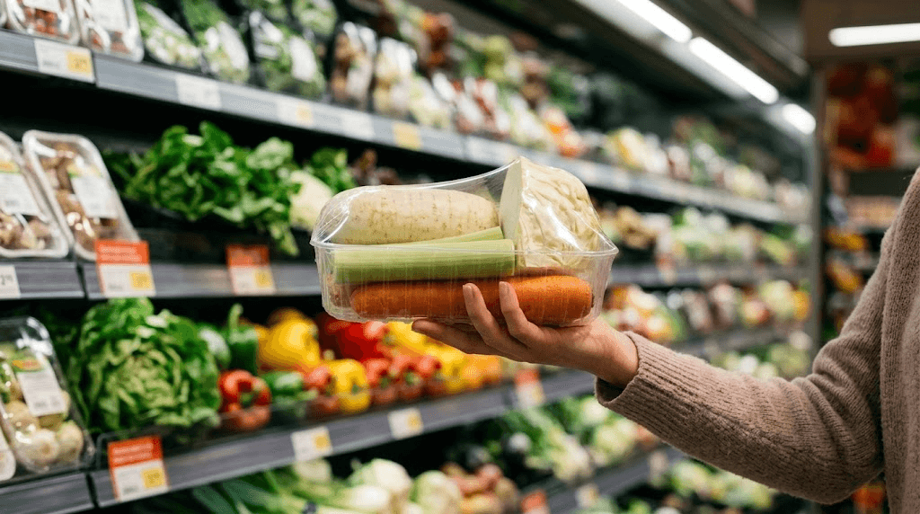 Cliente sosteniendo bolsa de preparado de verdura para cocido en estantería de supermercado Mercadona