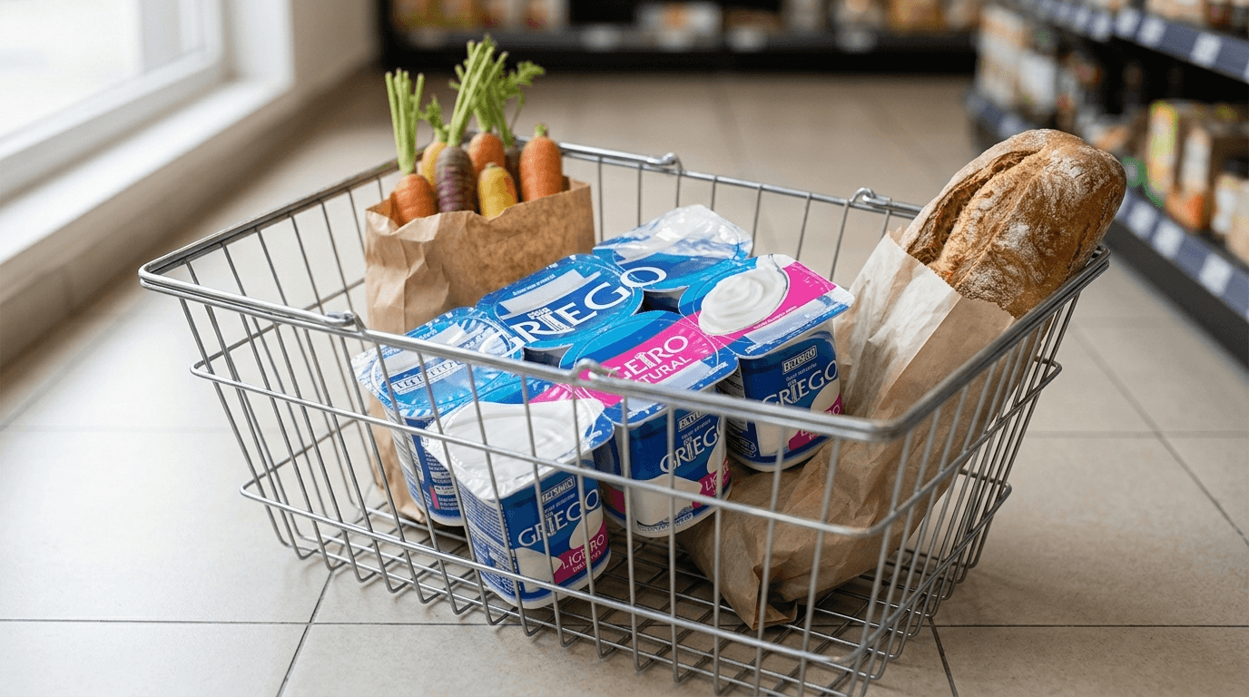 Envase de yogur griego Hacendado 750g en cesta de compra de metal con otros productos