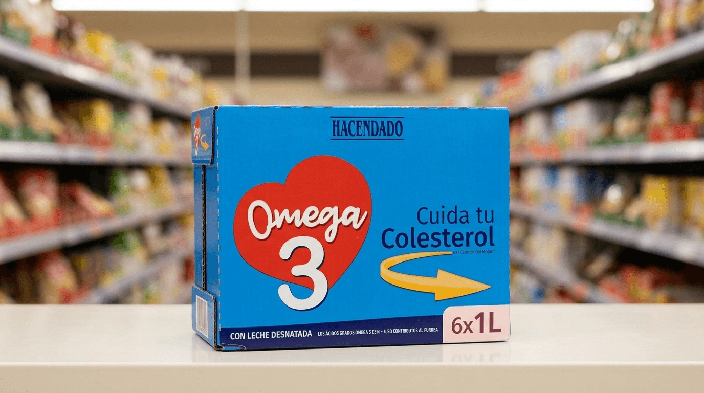 Botella de bebida láctea desnatada omega 3 Hacendado de 6 litros en primer plano sobre estantería de supermercado