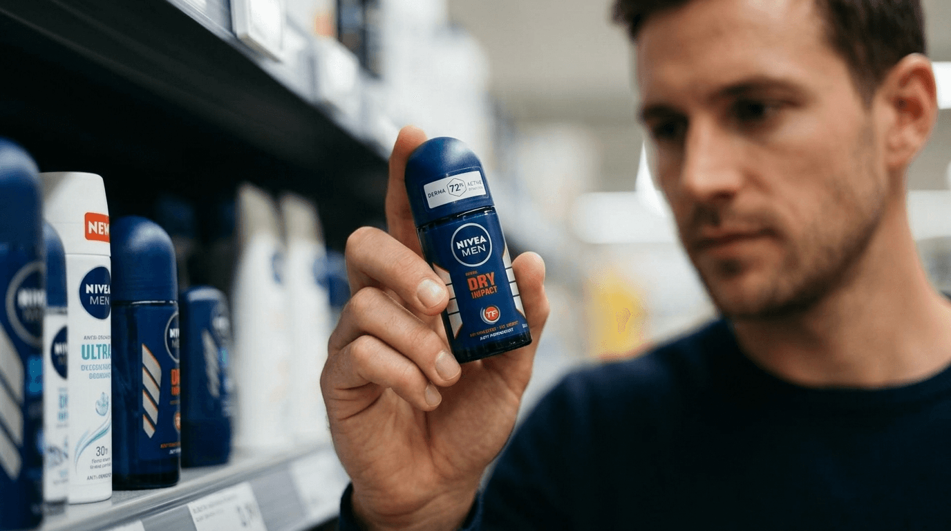 Cliente examinando desodorante Nivea Men en estantería de supermercado