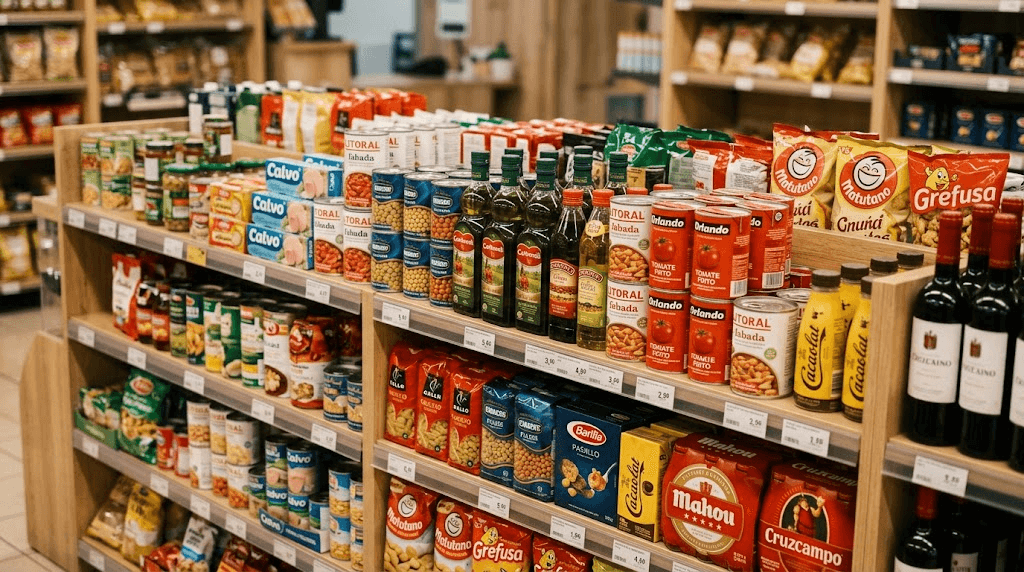 Cliente colocando envase de leche Asturiana en la cesta en pasillo de supermercado