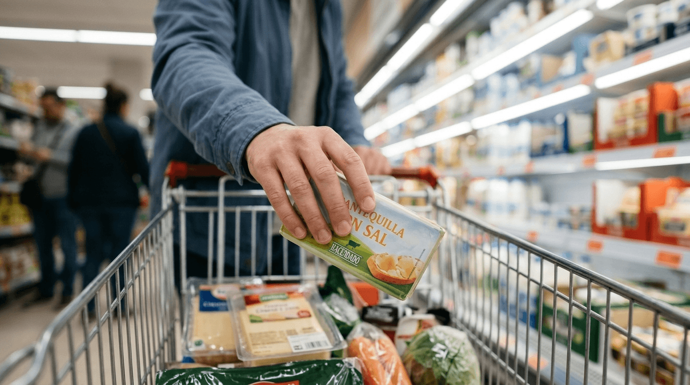 Paquete de mantequilla con sal Hacendado en estantería de supermercado con cliente colocándolo en carrito
