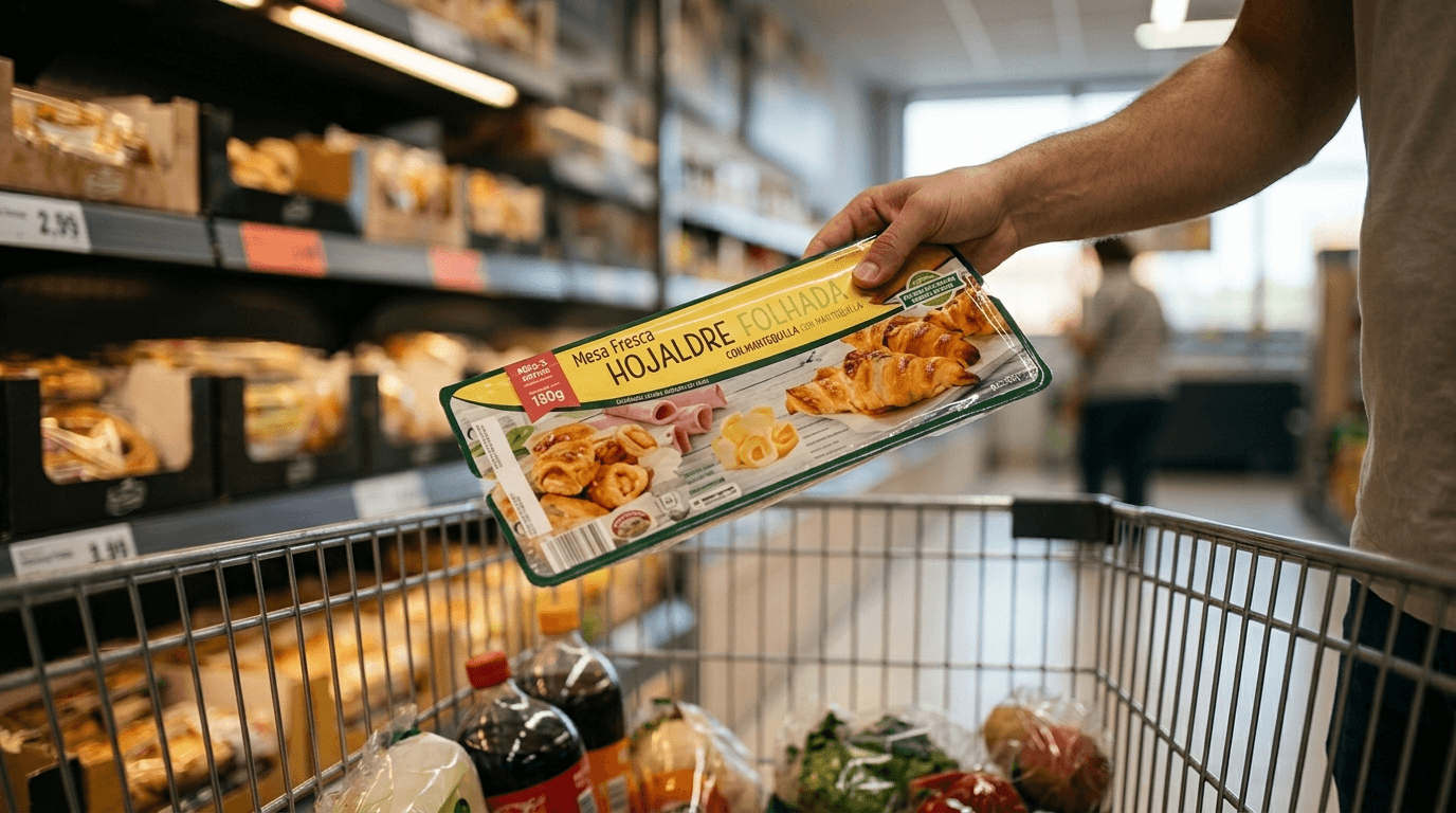 Cliente en pasillo de supermercado colocando masa fresca Hacendado hojaldre en el carrito de compra