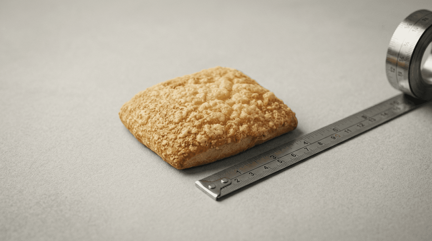 Panecillo de queso junto a regla métrica sobre fondo gris neutro mostrando cambio de tamaño