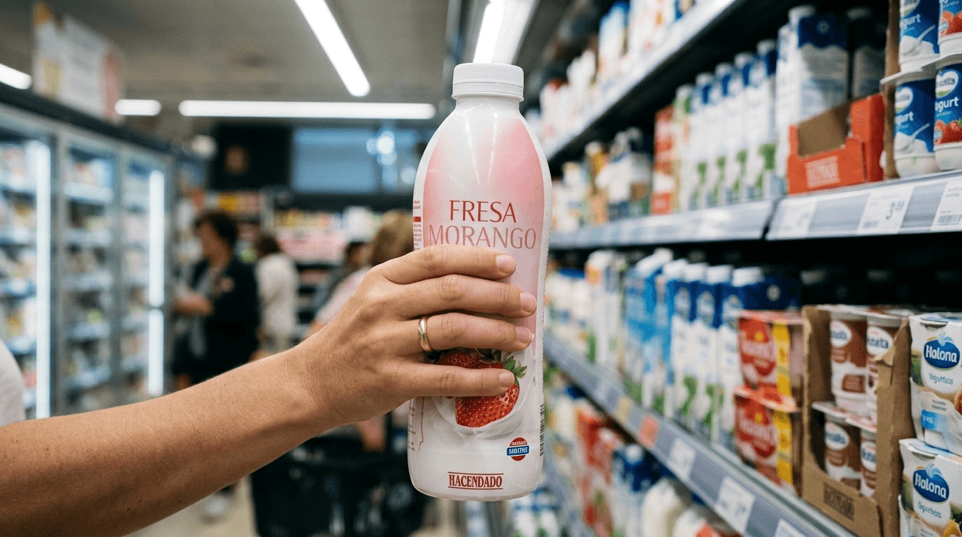 Mano de cliente cogiendo envase de bebida láctea fresa Hacendado en pasillo de Mercadona