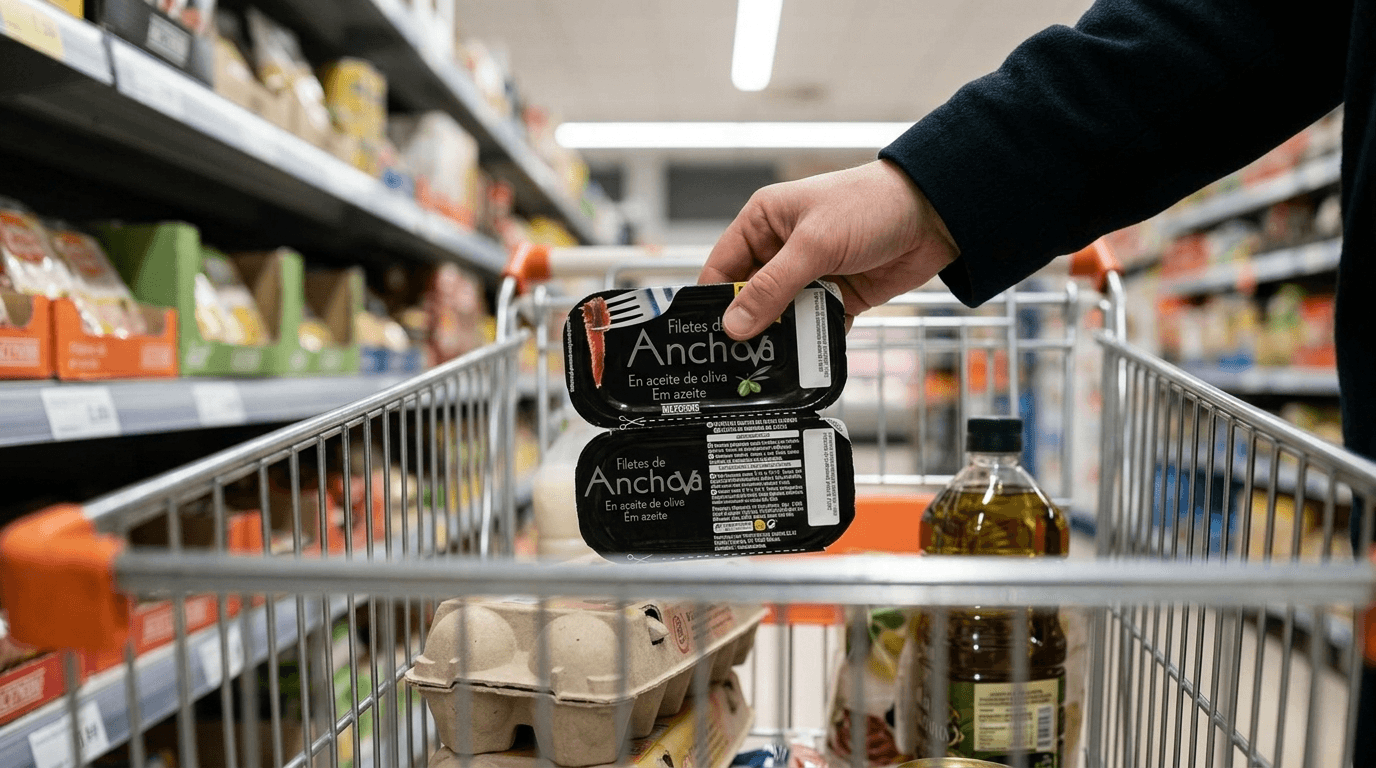 Cliente colocando filetes de anchoa Hacendado en el carrito de compra en pasillo de supermercado