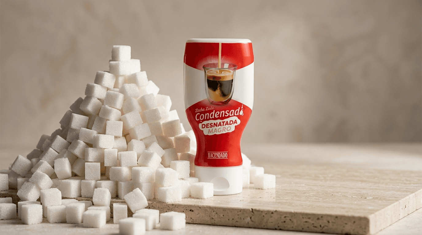 Bote de leche condensada Hacendado junto a cucharadita con azúcar blanco, iluminación editorial