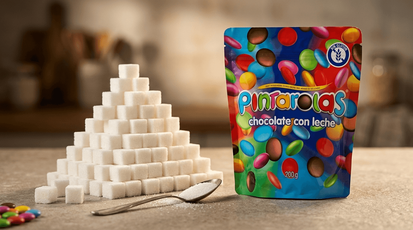 Frasco de leche condensada junto a montaña de azúcar blanco sobre superficie neutra, iluminación editorial