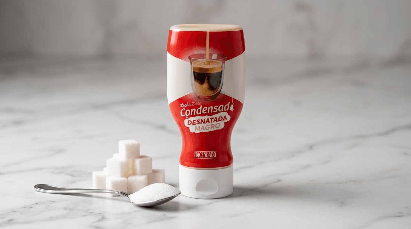Frasco de leche condensada junto a montaña de azúcar blanco sobre superficie neutra, iluminación editorial