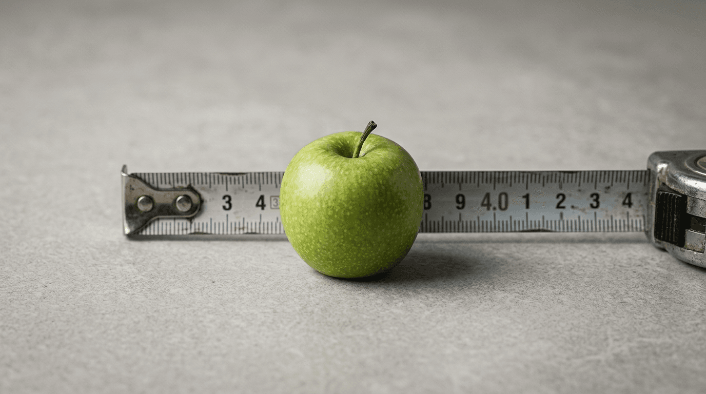 Manzana Granny Smith en báscula junto a regla métrica mostrando encogimiento de tamaño