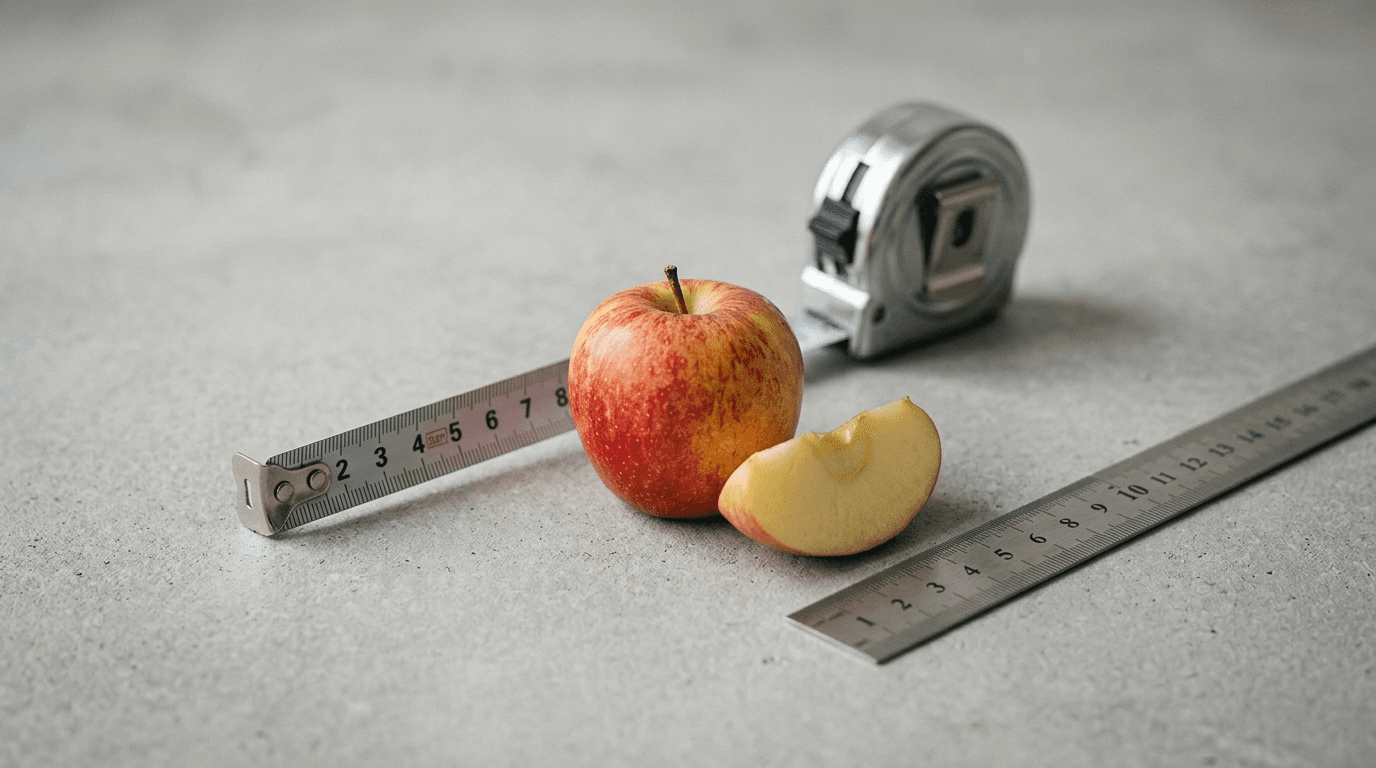 Manzana roja acidulce junto a cinta métrica indicando cambios en el gramaje del producto