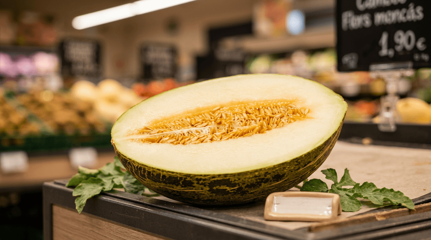 Medio melón piel de sapo fresco en lineal de supermercado con etiqueta de precio