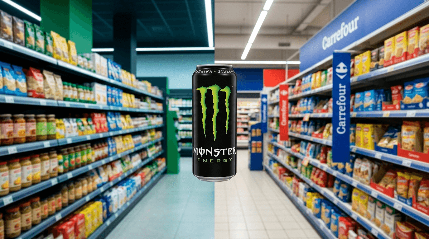Lata de Monster Energy entre estantería Mercadona y Carrefour mostrando diferencia de precio