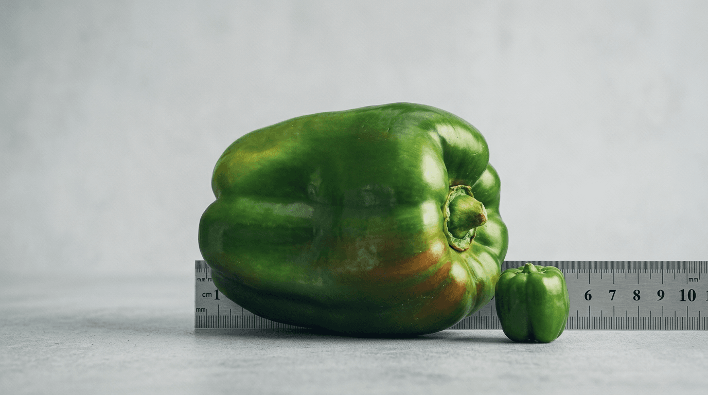 Pimiento verde junto a cinta métrica mostrando reducción de tamaño