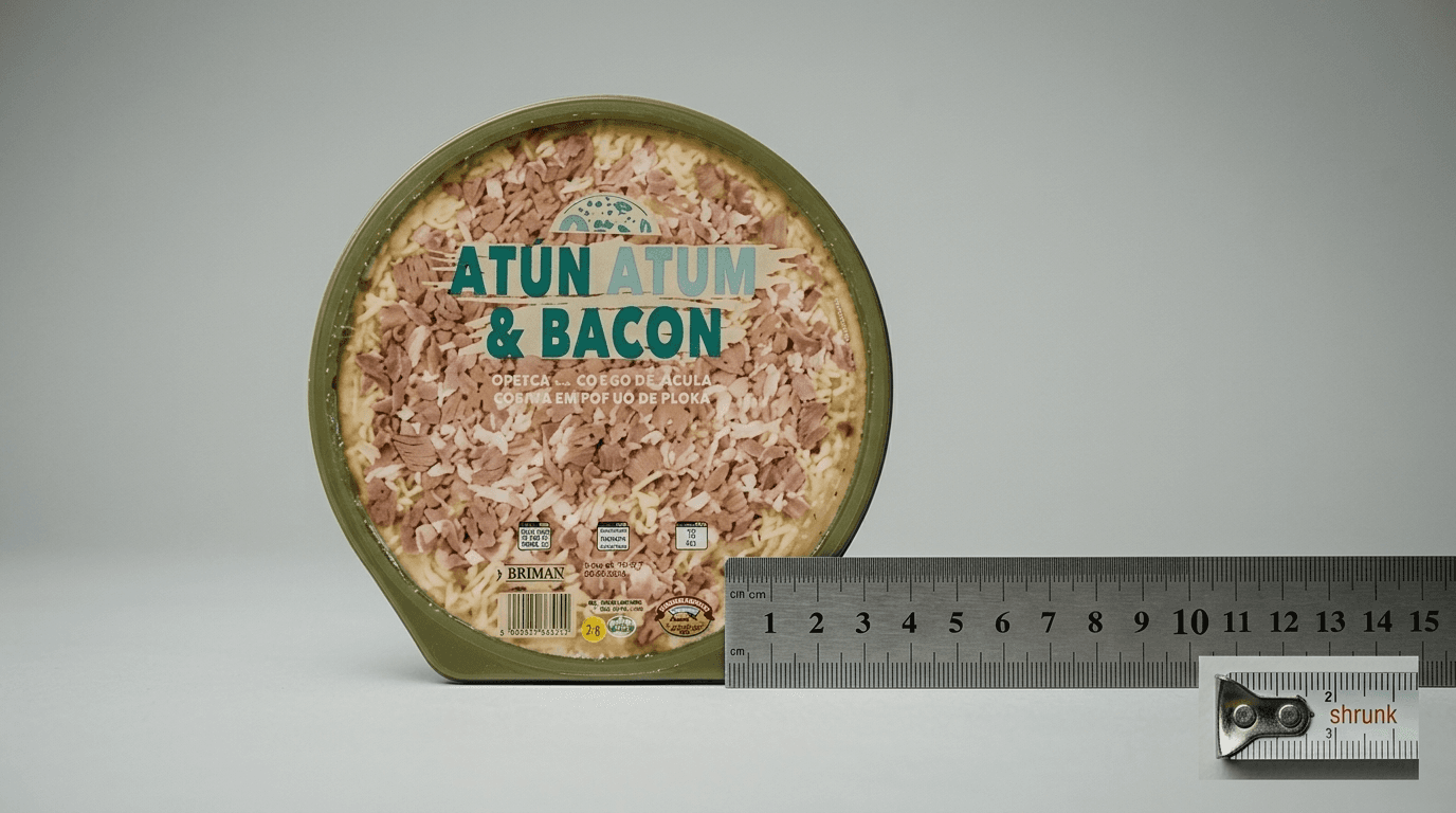 Pizza Hacendado atún y bacón con regla de medición destacando la reducción de peso