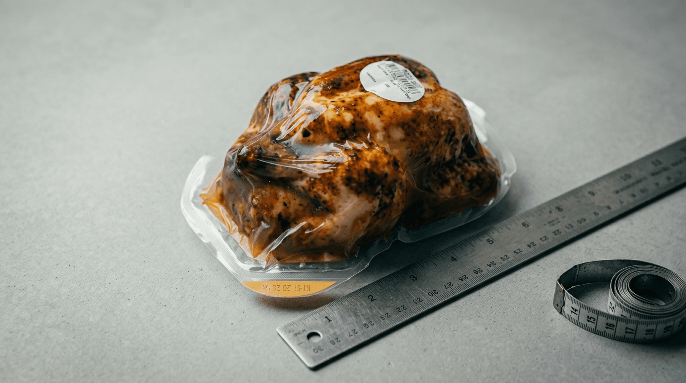 Pollo asado Hacendado junto a cinta métrica sobre fondo gris neutro
