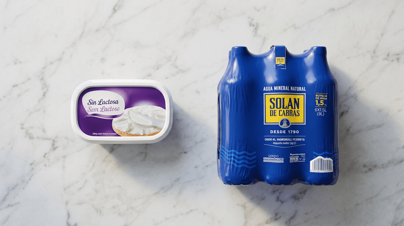 Envase de queso untar Hacendado sin lactosa junto a botella Solán de Cabras sobre superficie clara
