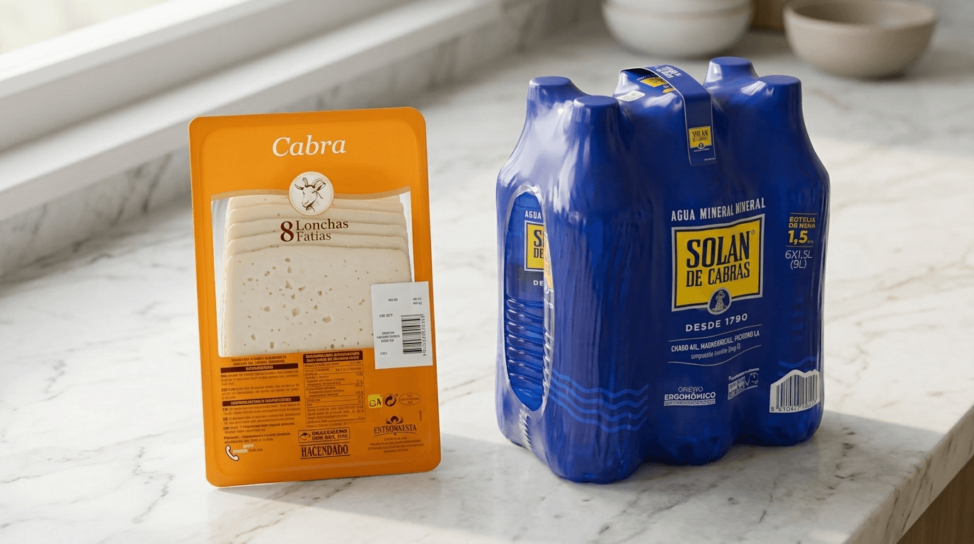 Garrafa de agua Solán de Cabras y pack de queso Hacendado lado a lado sobre superficie clara