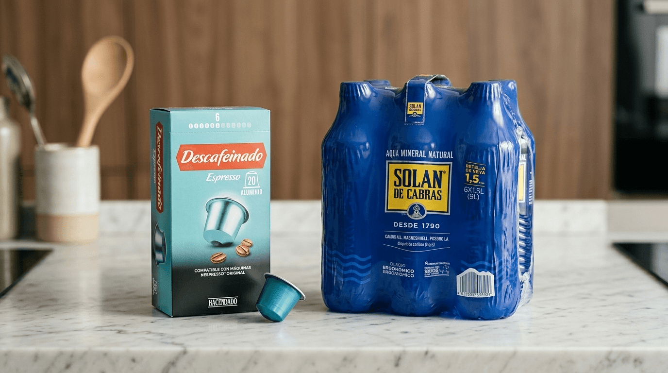 Botella de agua Solán de Cabras y cápsulas de café Hacendado descafeinado sobre superficie de cocina