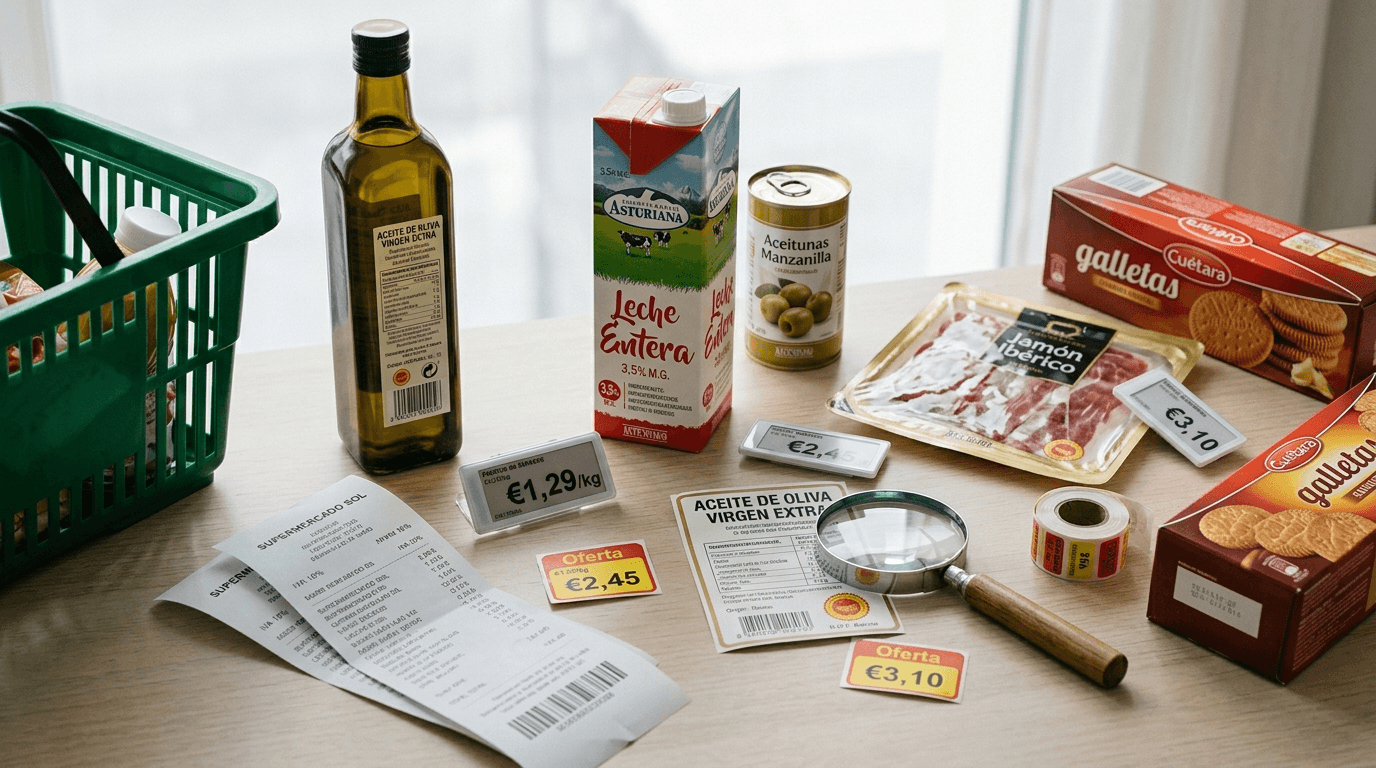 Detalle de etiqueta nutricional sobre superficie neutra con productos de supermercado