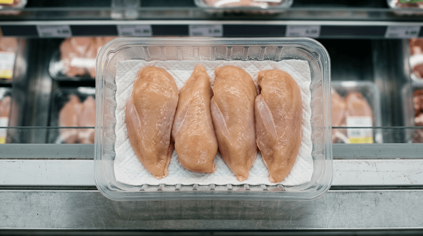 Bandeja de filetes de pollo crudos sobre papel absorbente, vista cenital con luz de supermercado, sin marcas visibles