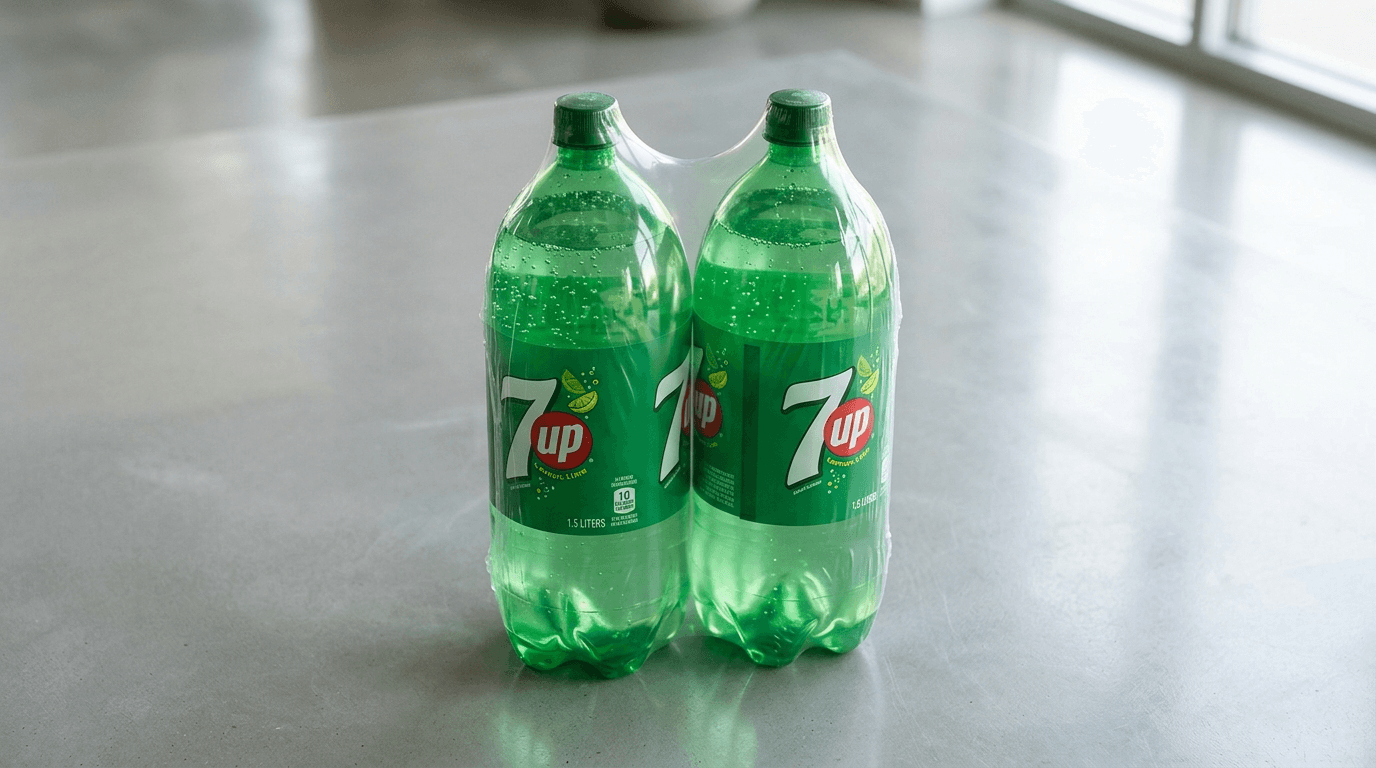 Pack de dos botellas grandes de 7up zero verde reflectante sobre superficie gris limpia