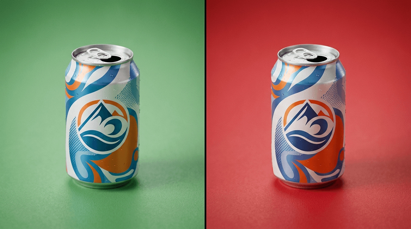 Dos latas idénticas de refresco sobre fondo verde y rojo, simbolizando el contraste de precios entre cadenas