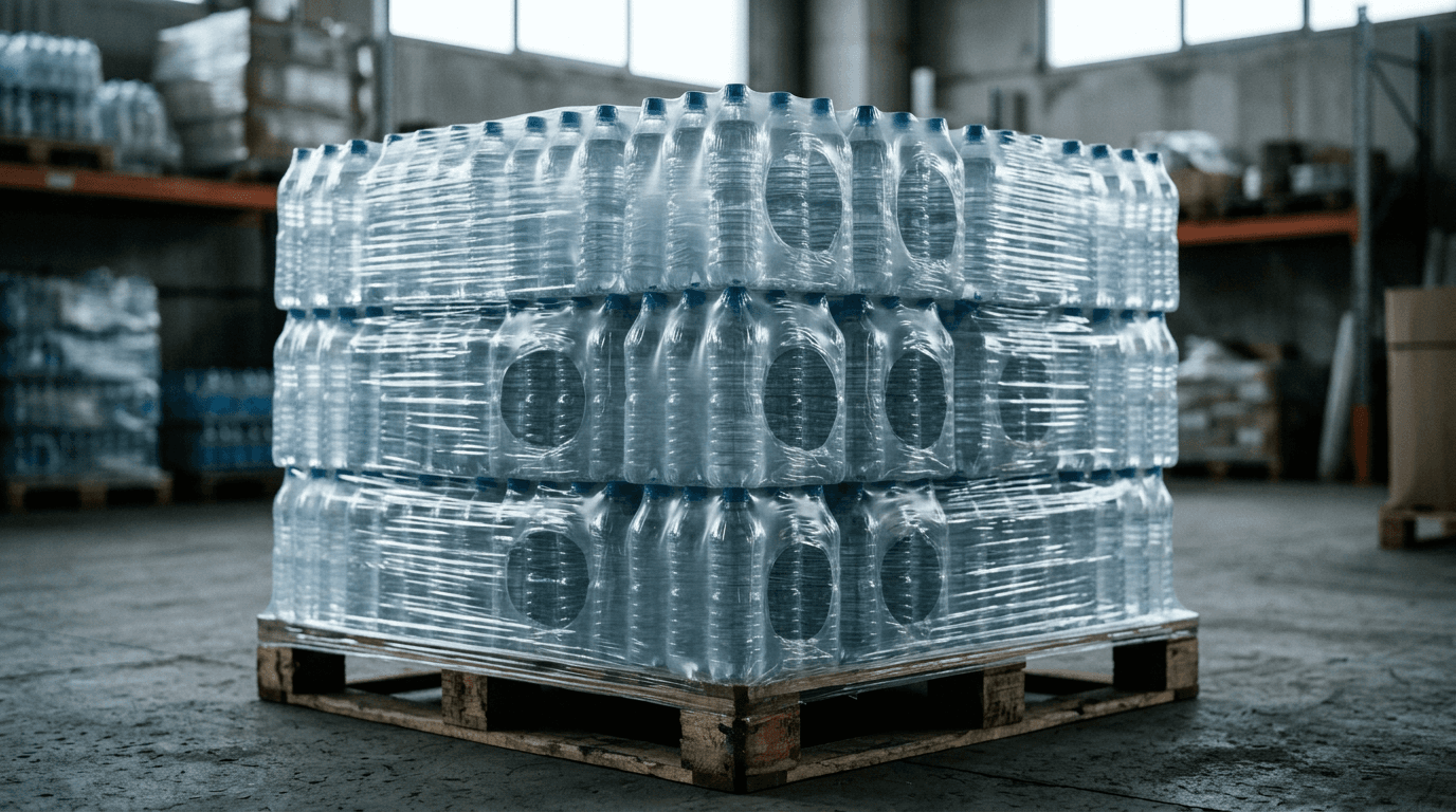 Pilas de botellas de agua mineral envueltas en plástico transparente, luz natural difusa, sin etiquetas legibles