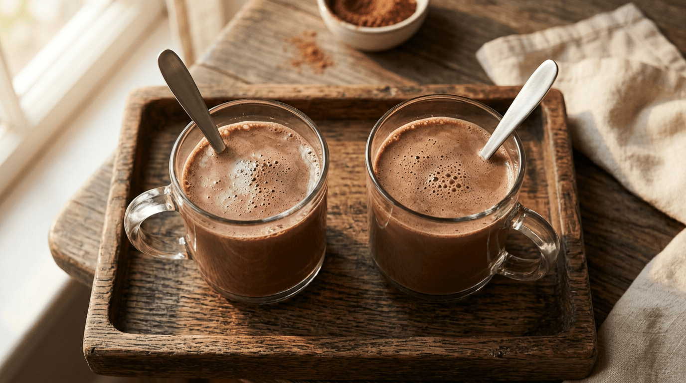 Dos tazas de cristal con chocolate caliente en bandeja de madera, vista cenital con luz cálida matutina