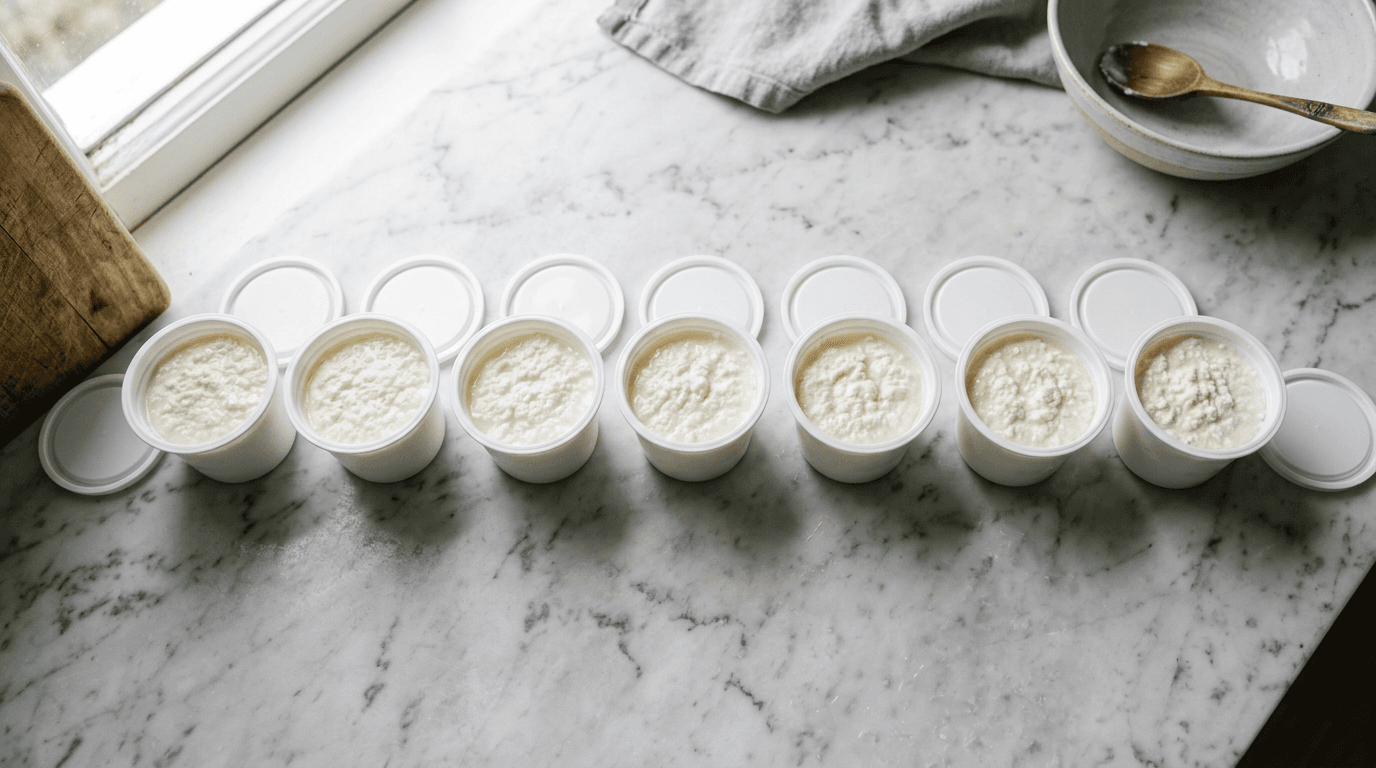 Fila de potitos de queso fresco blanco en vasitos de plástico sobre mármol con luz natural cenital