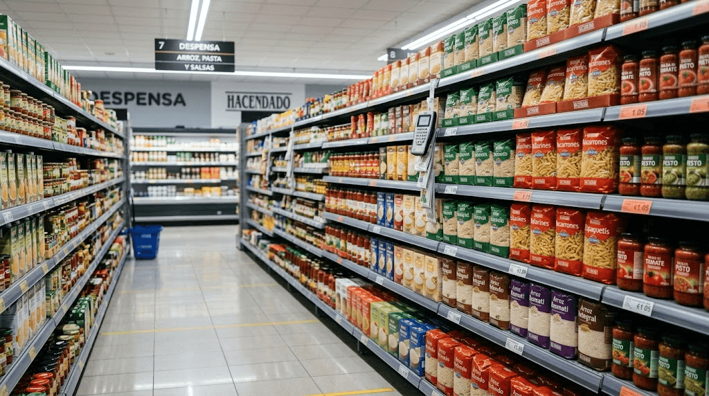 Estantería de supermercado llena de productos Hacendado en diferentes categorías y empaques