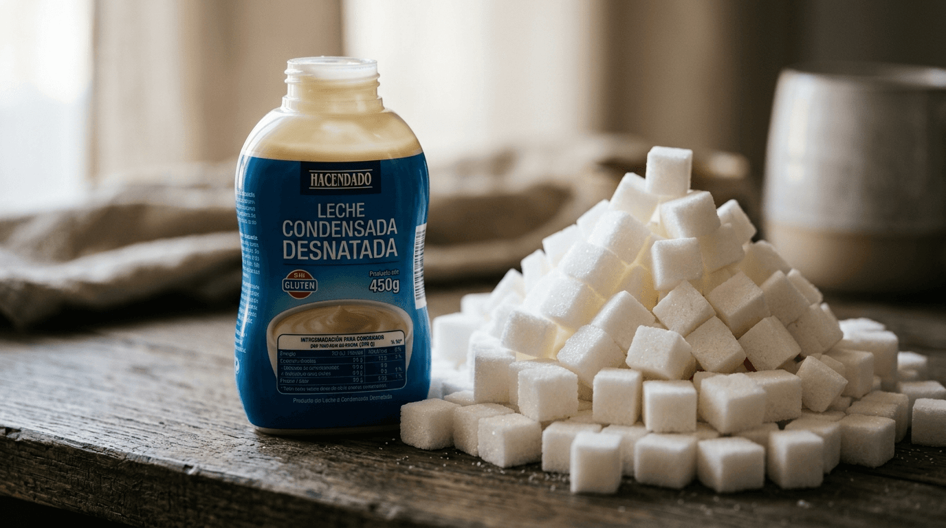 Bote de leche condensada Hacendado desnatada junto a montaña de azúcar blanco que visualiza el contenido azucarado